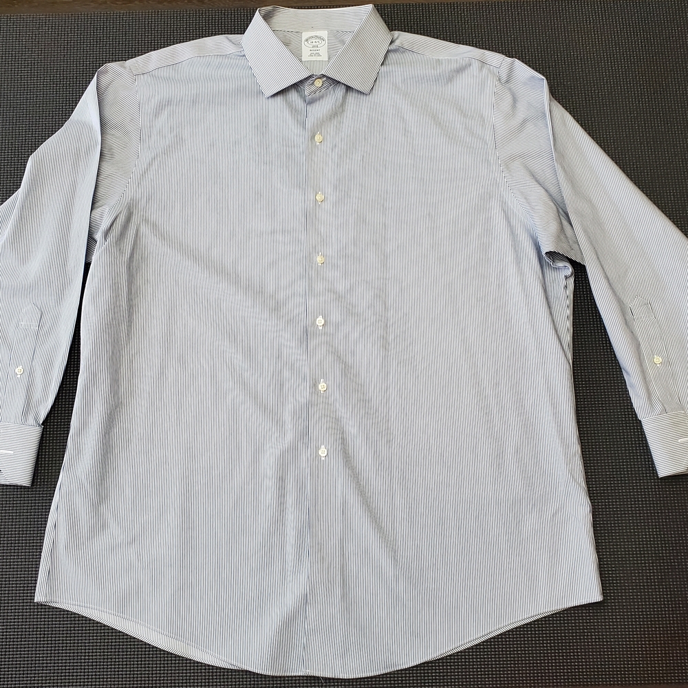 Brooks Brothers Dress Shirt Mens 18-4/5 Blue/White Stripes Regent No Iron